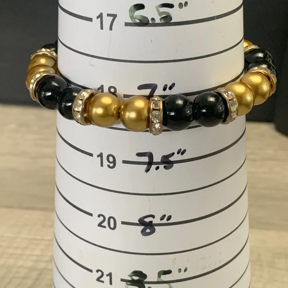 Black and Gold Faux Pearl Bead Bracelet Rhinestone Spacers Adjustable 7-8.5 In